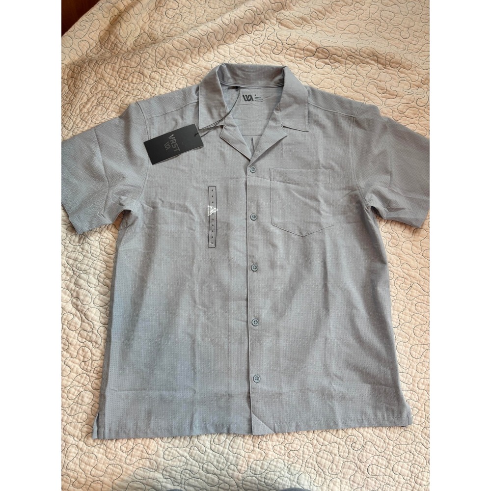 VRST Mens Short Sleeve Button Down‎ Shirt Light Grey Textured Camp Collar Small